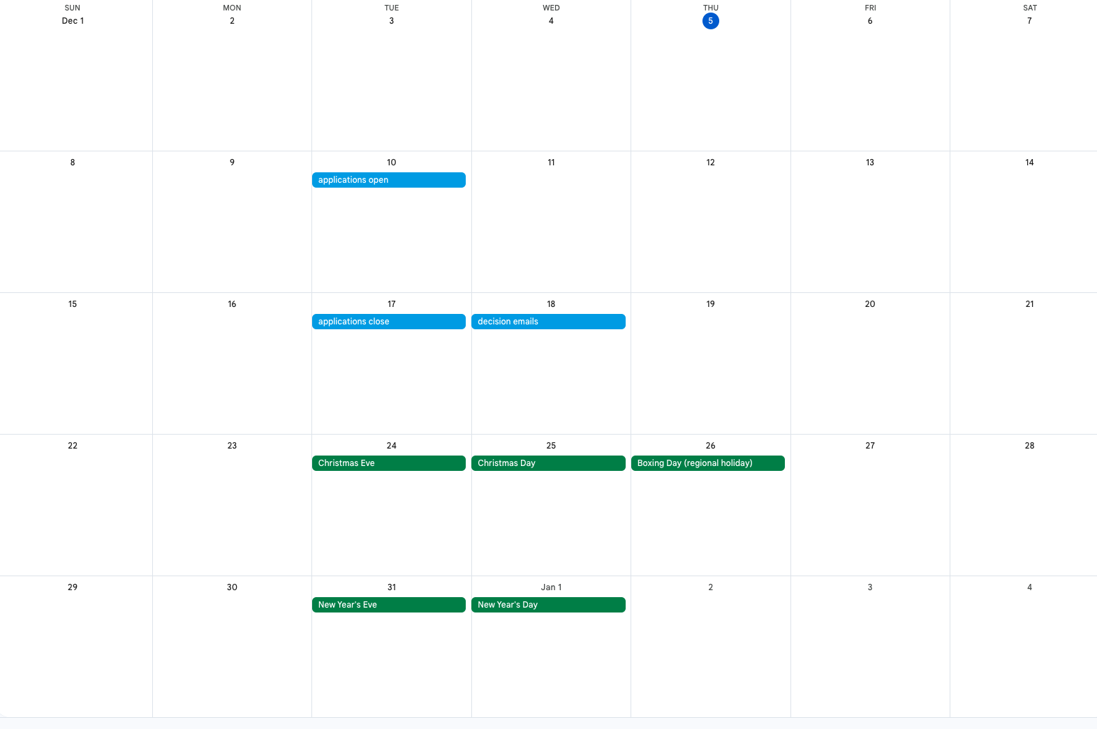 Calendar of application windows.